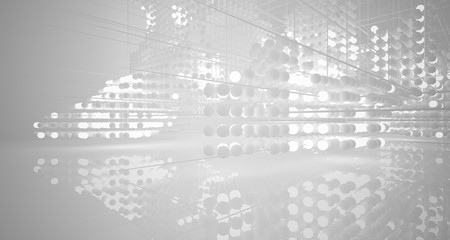 Obraz premium Abstract white architectural interior from an array of spheres with neon lighting. 3D illustration and rendering.