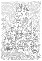 Fantasy landscape. Fairy tale castle on a hill. Fantastic mountain, clouds, pine trees, sea wave. Flying  stars, firework. T-shirt print. Album cover. Coloring book page for children and adults. Black