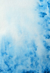 Hand painted watercolor abstract background with copy cpace for text. Sky shades simple blue color illustration. Aquarelle painted paper textured canvas for vintage design, invitation card, template.