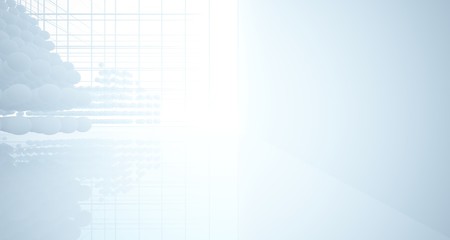 Abstract white architectural interior from an array of spheres with large windows. 3D illustration and rendering.