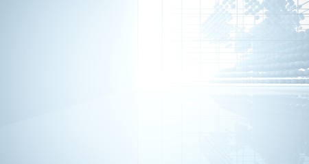 Abstract white architectural interior from an array of spheres with large windows. 3D illustration and rendering.