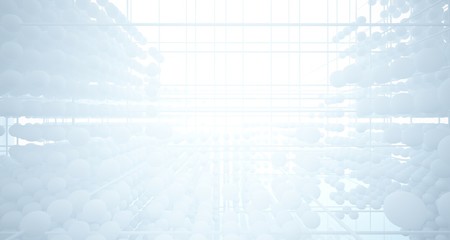 Abstract white architectural interior from an array of spheres with large windows. 3D illustration and rendering.