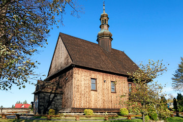 CHABOWKA, POLAND - SEPTEMBER 14, 2019: The Holy Cross wooden church