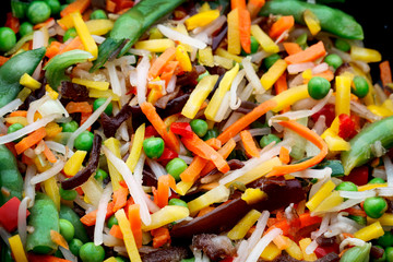 Many types of vegetables in a pan.