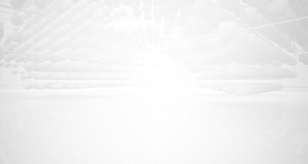 Abstract white architectural interior from an array of spheres with large windows. 3D illustration and rendering.