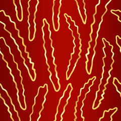 Seamless simple texture with hand drawn abstract golden shapes on dark red background; Vector endless wavy pattern with curves for decor, fabric print, gift wrap, invitation, banner, wrapping paper