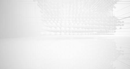 Abstract white architectural interior from an array of spheres with large windows. 3D illustration and rendering.