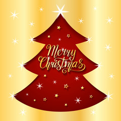 Beautiful greeting card with dark red silhouette of fir tree, golden hand written text Merry Christmas, stars and lights on gold background; Hand drawn cute vector illustration in paper cut style
