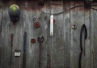 Grey wooden background with objects