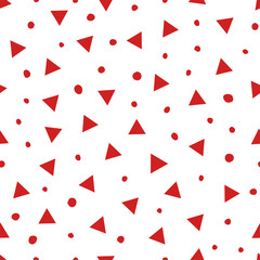 Simple abstract seamless pattern with triangles and dots. Holiday theme in red for wrapping paper. Background for children's holiday or christmas party decoration, wrapping paper, wallpaper, cards and