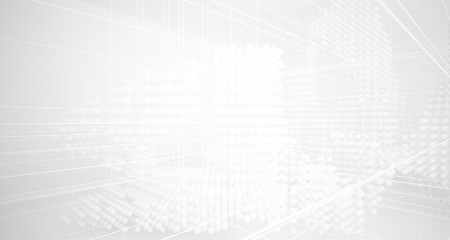 Abstract white architectural interior from an array of spheres with large windows. 3D illustration and rendering.