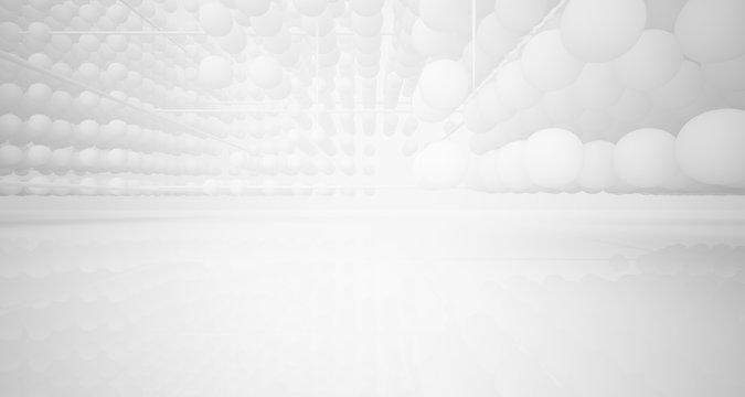 Abstract white architectural interior from an array of spheres with large windows. 3D illustration and rendering.