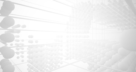 Abstract white architectural interior from an array of spheres with large windows. 3D illustration and rendering.