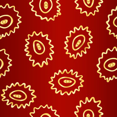 Seamless simple texture with hand drawn abstract golden shapes on dark red background; Vector endless doodle pattern with curves for decor, fabric print, gift wrap, invitation, banner, wrapping paper
