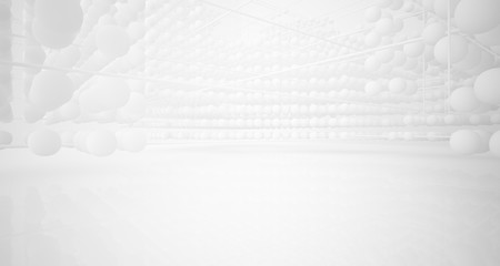 Abstract white architectural interior from an array of spheres with large windows. 3D illustration and rendering.