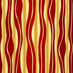 Seamless simple doodle texture with hand drawn abstract golden tapes on dark red background; Vector endless wavy pattern with curves for decor, fabric print, gift wrap, invitations or wrapping paper