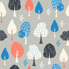Seamless pattern of trees and birds