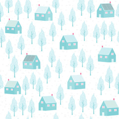 Winter seamless background, houses and trees
