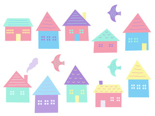 Icon set of houses and birds
