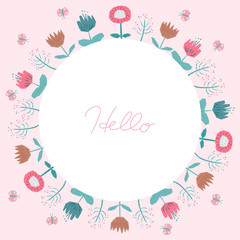 Floral spring frame, vector template, Hello