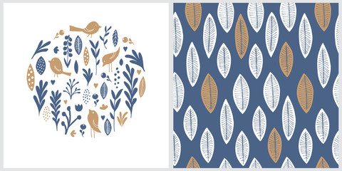 Rustic Style Vector Card and Pattern. Simple Abstract Garden Illustration. Round Shape Frame with Twigs, Birds, Flowers, Hearts  and Leaves on a White Background. Print With White and Gold Leaves. © Magdalena