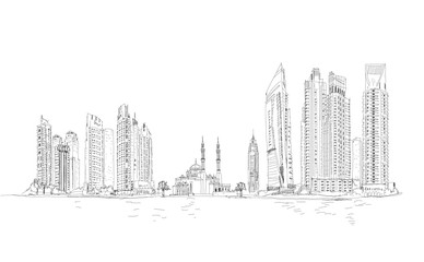 Naklejka premium llustration of the Dubai skyline: Skyscrapers of Marina and mosque. Sketch collection