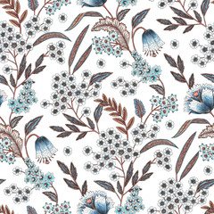 Floral pattern on blue background. Color pencil graphics. Seamless texture. Elegant template for fashion prints. Printing with in hand drawn style