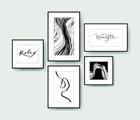 Design interior wall art.  Monochrome Print Abstract Modern Digital Painting Fashion Scandinavian Style. Contemporary poster Vector Illustration. Hand drawn graphic and lettering.  Relax living room.
