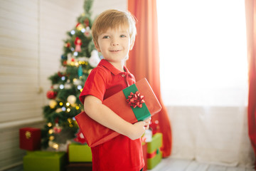 Cute little boy of about five year with a gift in a decorated Christmas room with a xmas tree.