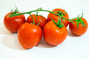 Collection of tomatoes with a light shadows, isolated on white,