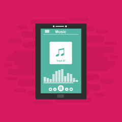 Smartphone application for online buying, downloading and listening to music. illustration of music player app on a smartphone screen