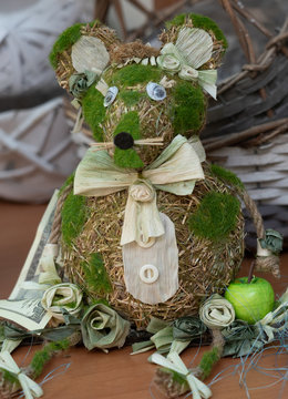 Mouse - funny New Year decorative handmade gift, natural straw material with green grass, symbol of 2020 year.