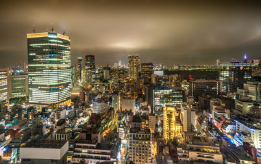 Fototapeta na wymiar Aerial View of Warm City Skyline at Night in Nagatachō, Tokyo, Japan