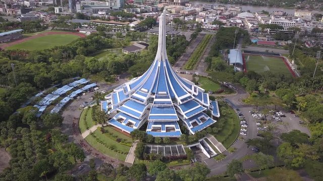 Kuching, Sarawak / Malaysia - November 17 2019: The iconic MBKS building and its surrounding lake, scenery, and gardens