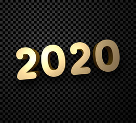 Gold 2020 New Year 3d sign on black transparent background.