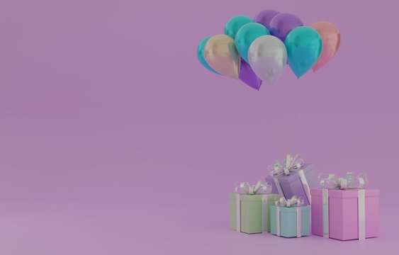 gift boxes with ballons on purple background