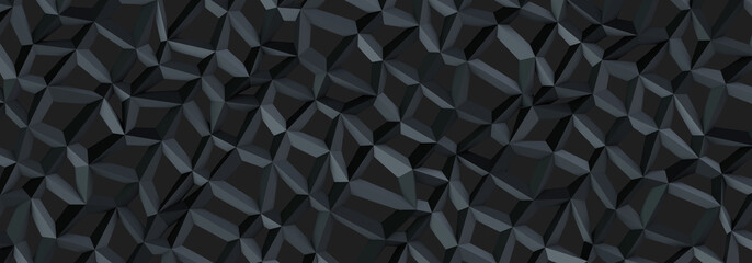 3d ILLUSTRATION, of black abstract crystal background, triangular texture, wide panoramic for wallpaper, 3d futuristic black background low poly design
