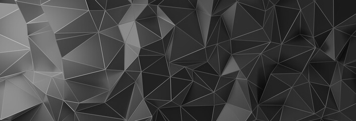 3d ILLUSTRATION, of black abstract crystal background, triangular texture, wide panoramic for wallpaper, 3d futuristic black background low poly design