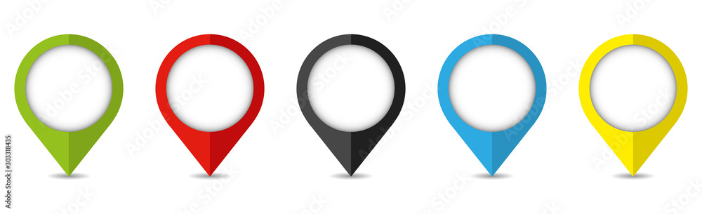 Poster set of bright map pointers. location icons isolated on white background.