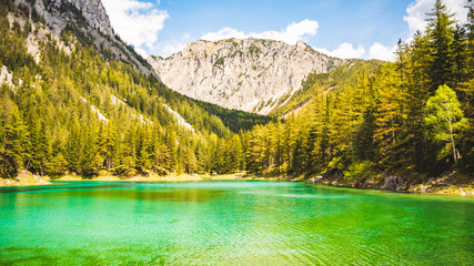 Gruner See, Austria Peaceful mountain view with famous green lake in Styria. Turquoise green color of water. Travel destination - obrazy, fototapety, plakaty