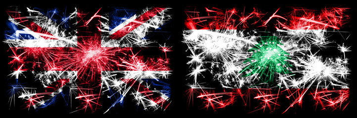 Great Britain, United Kingdom vs Lebanon, Lebanese New Year celebration travel sparkling fireworks flags concept background. Combination of two abstract states flags.