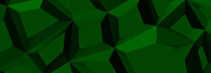 Fototapeta premium 3d ILLUSTRATION, of green abstract crystal background, triangular texture, wide panoramic for wallpaper, 3d futuristic green background low poly design