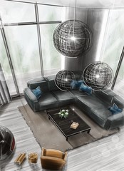 Rendering, drawing, picture, sketch, sketch, 3d illustration - interior for design project. The interior of a cozy room. 