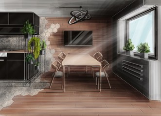 Rendering, drawing, picture, sketch, sketch, 3d illustration - interior for design project. The interior of a cozy room. 