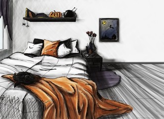 Rendering, drawing, picture, sketch, sketch, 3d illustration - interior for design project. The interior of a cozy room. 