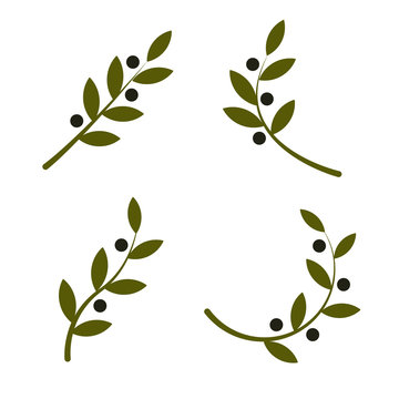 Set of green vector olive branch logo. Olive oil sign. Symbol of peace. Greek religious sign. Mythological icon.Healthy products label. Organic cosmetics. Eco food. Natural element.Agricultural item