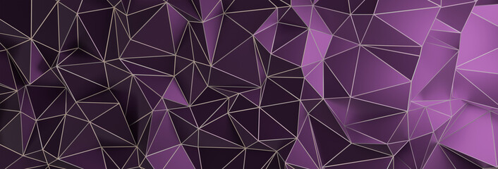 3d ILLUSTRATION, of purple abstract crystal background, triangular texture, wide panoramic for wallpaper, 3d futuristic purple background low poly design