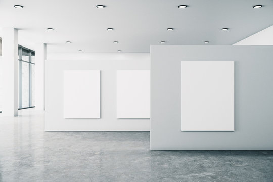 Minimalistic gallery interior with banner