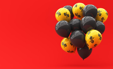 Black and yellow balloons on a red background. Black Friday. 3d render illustration.