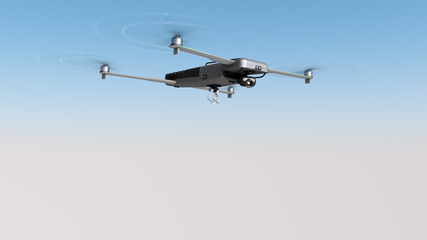 Flying drone with cargo mount. Blue sky in background. 3d rendering.